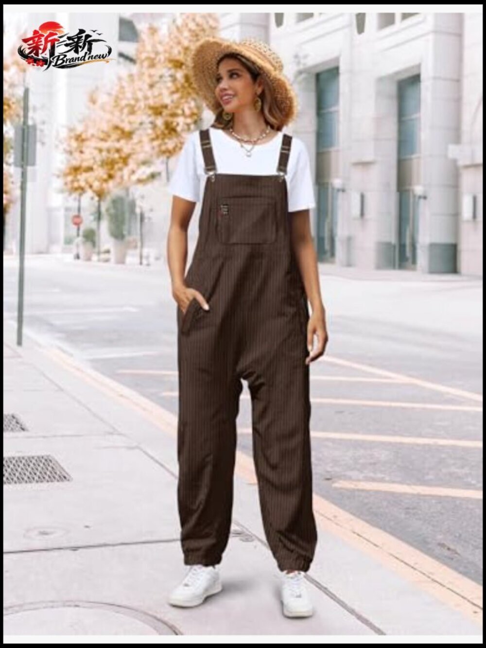 Women's Corduroy Overalls Sleeveless Adjustable Straps Loose Fit Harem Jumpsuit - Picture 3 of 7